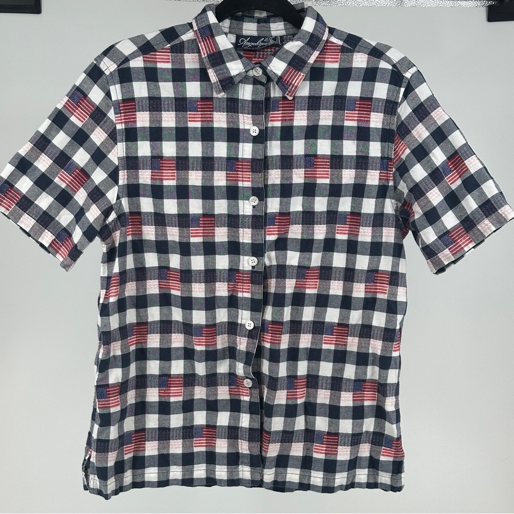 Wimen’s Short-Sleeve Navy & White Check Button-Up Shirt Embroidered Flag‎ USA
